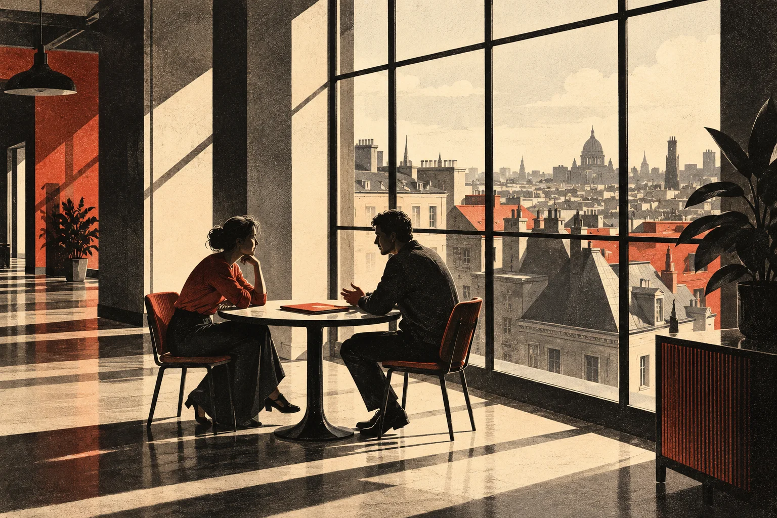 Two anonymous adults listen to each other across a table beside a sunlit city window.
