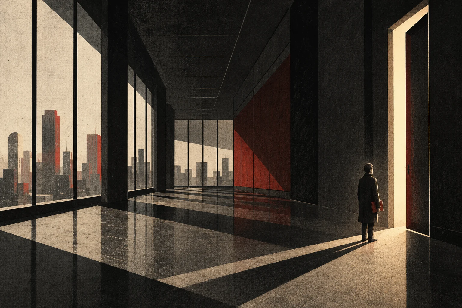 An anonymous person carrying a folder stands before a warm doorway in a vast office corridor.