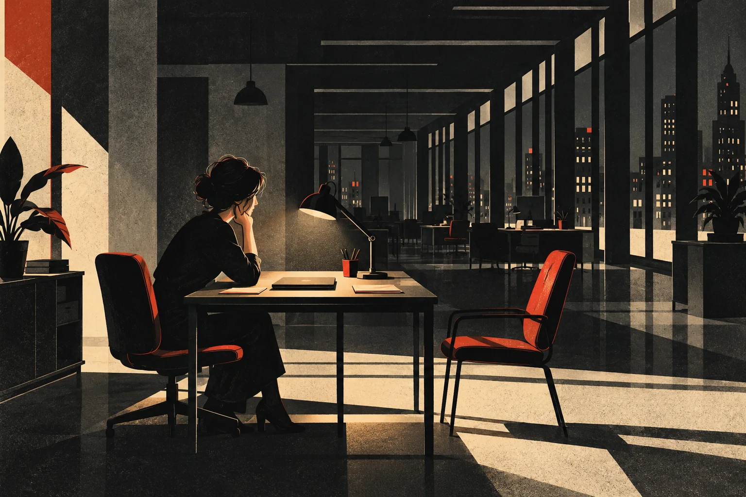 An anonymous woman waits opposite an empty chair in a quiet angular office.